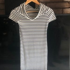 Cowl neck/ off-the-shoulder striped dress